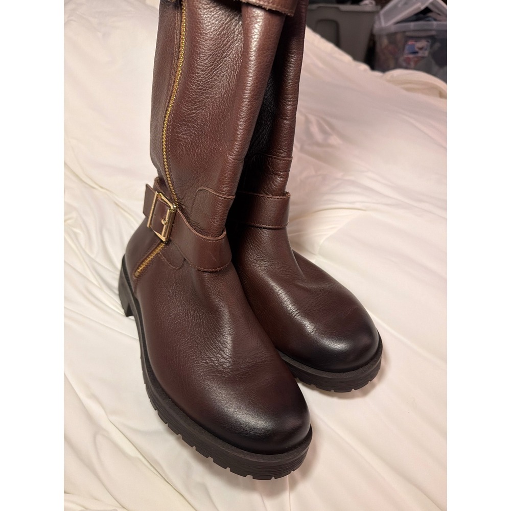 Vionic Women Brown Leather Tall Moto Boots Lug Sole Buckle Detail Size 8.5